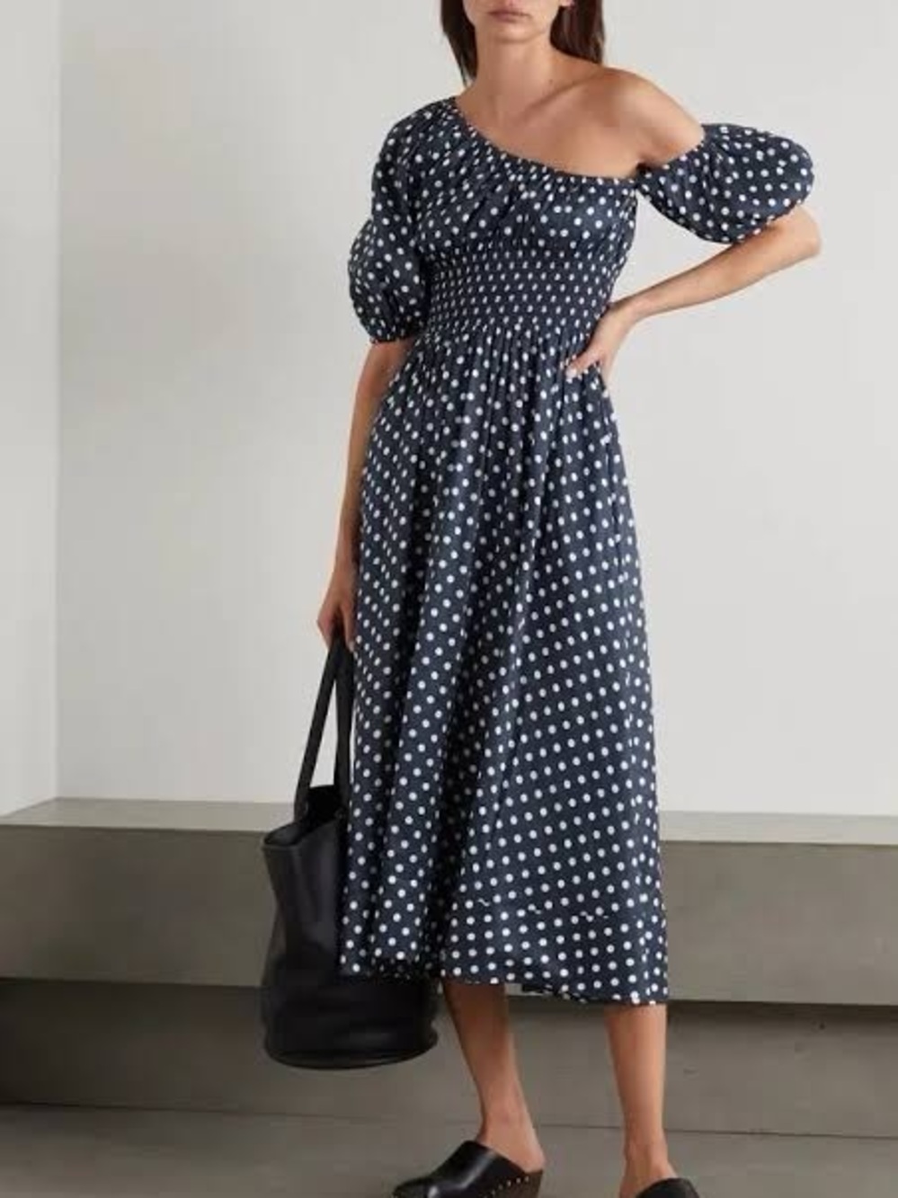 NWOT La Ligne Polka Dot One-Shoulder Midi Dress - Navy